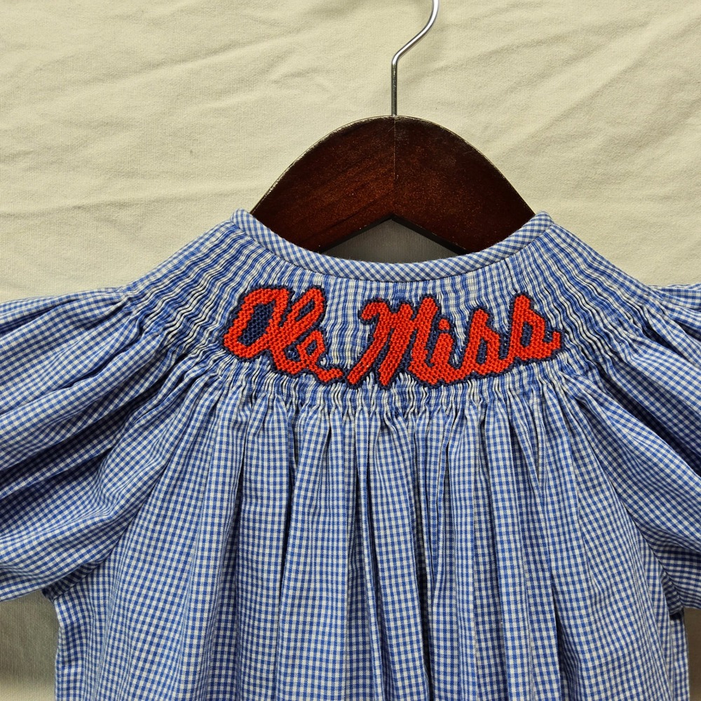 Vive La Fete Smocked Dress Girls 4 Blue‎ Gingham Ole Miss Rebels Game Day